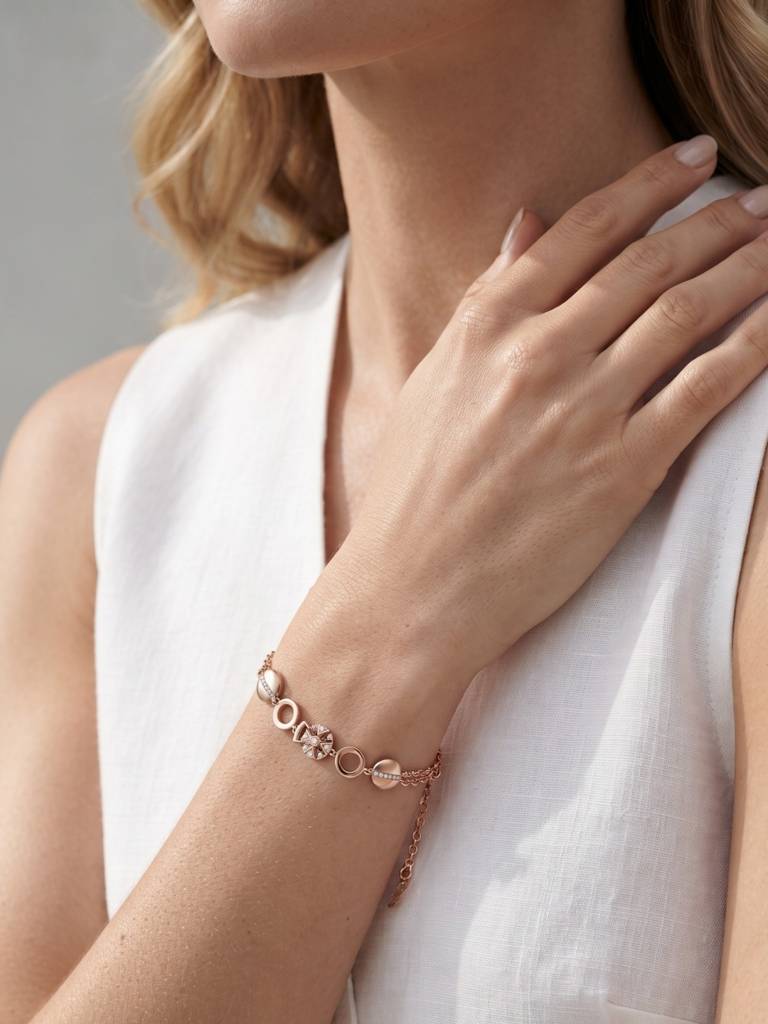 925 Silver Elegant Crystal Link Rose Gold Bracelet For Women : BR-69
