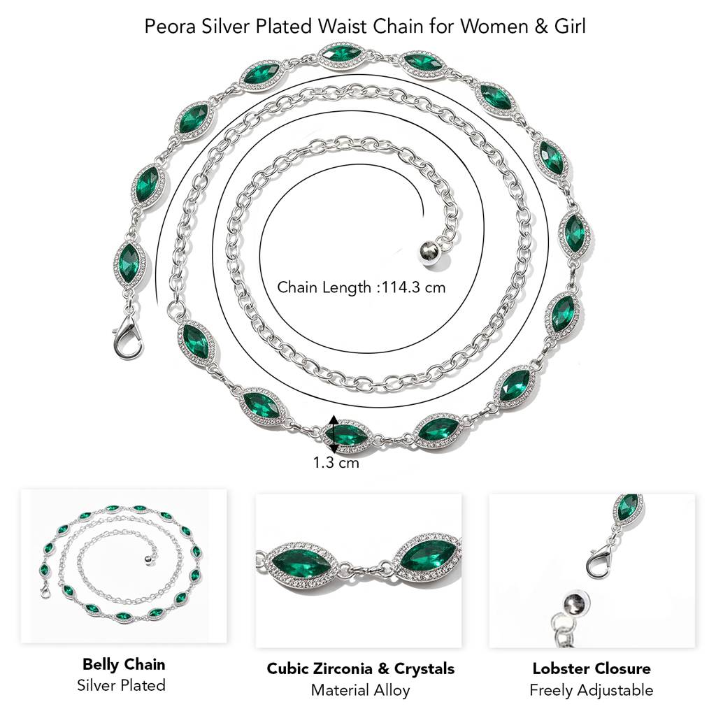 Cubic Zirconia & Crystals Studded Silver Plated Fancy Kamarbandh Belly Chain Waist Chain Jewellery For Women & G : PX9BCH76GRN