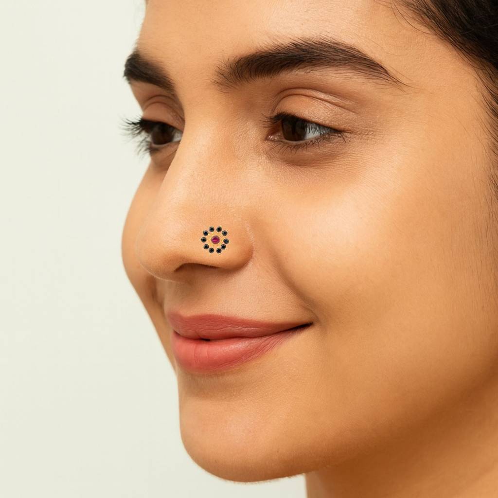 Red Cz & Black Spinel Style Cluster Floral Nose Pin - Gold Plated Sterling Silver : NP-00030_925S_W_RCZ