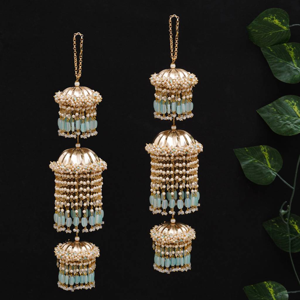 Pastel Pearl Tiered Bridal Kaleere With Mint Bead Drops - Set Of 2 Pieces : ACKL080