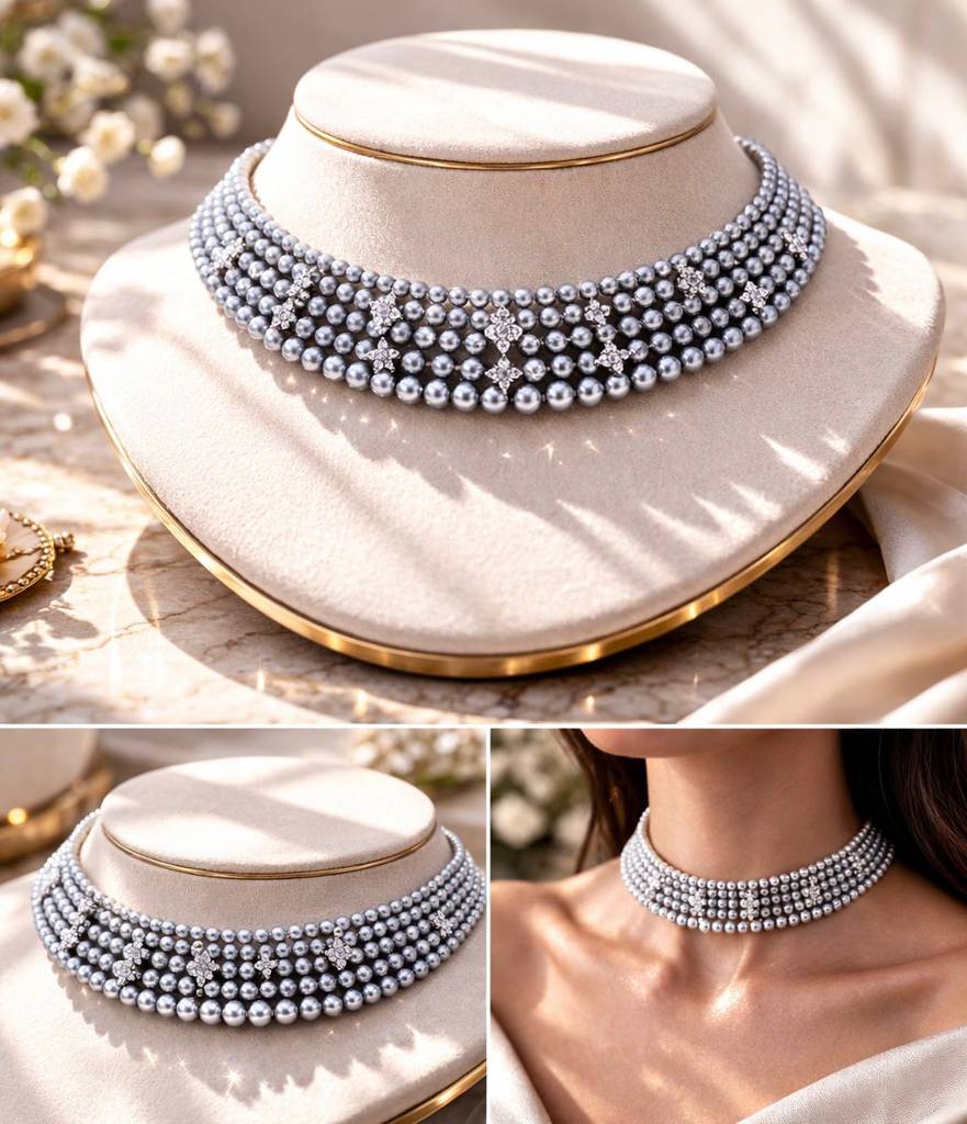 Anti Tarnish Grey Pearl Layered Choker Necklace Set With Earrings For Women | Grey Pearl Wedding, Party Wear & Fest : 500052_2