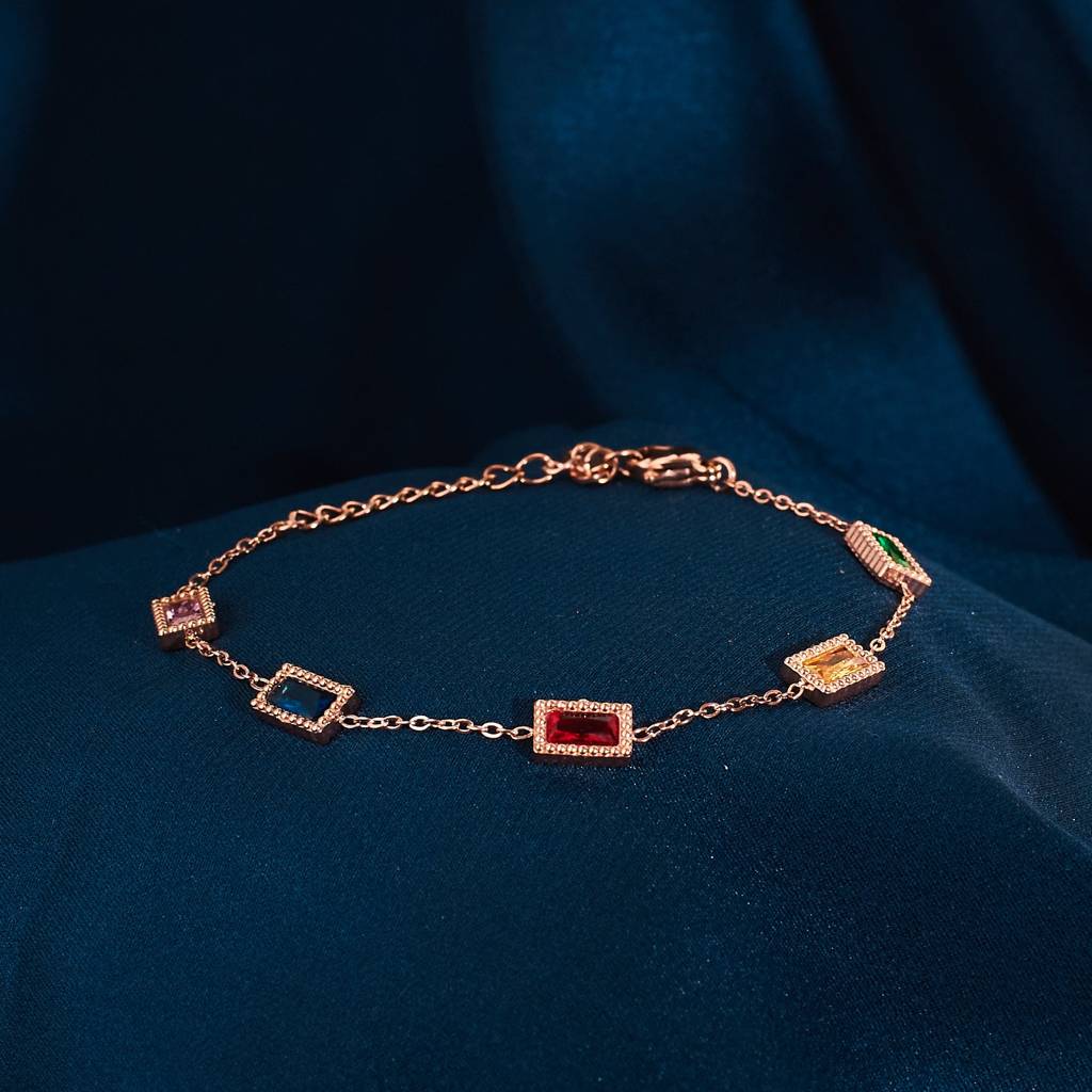Multi Gemstone Link Rosegold Bracelet : BS14011-RG-MLT