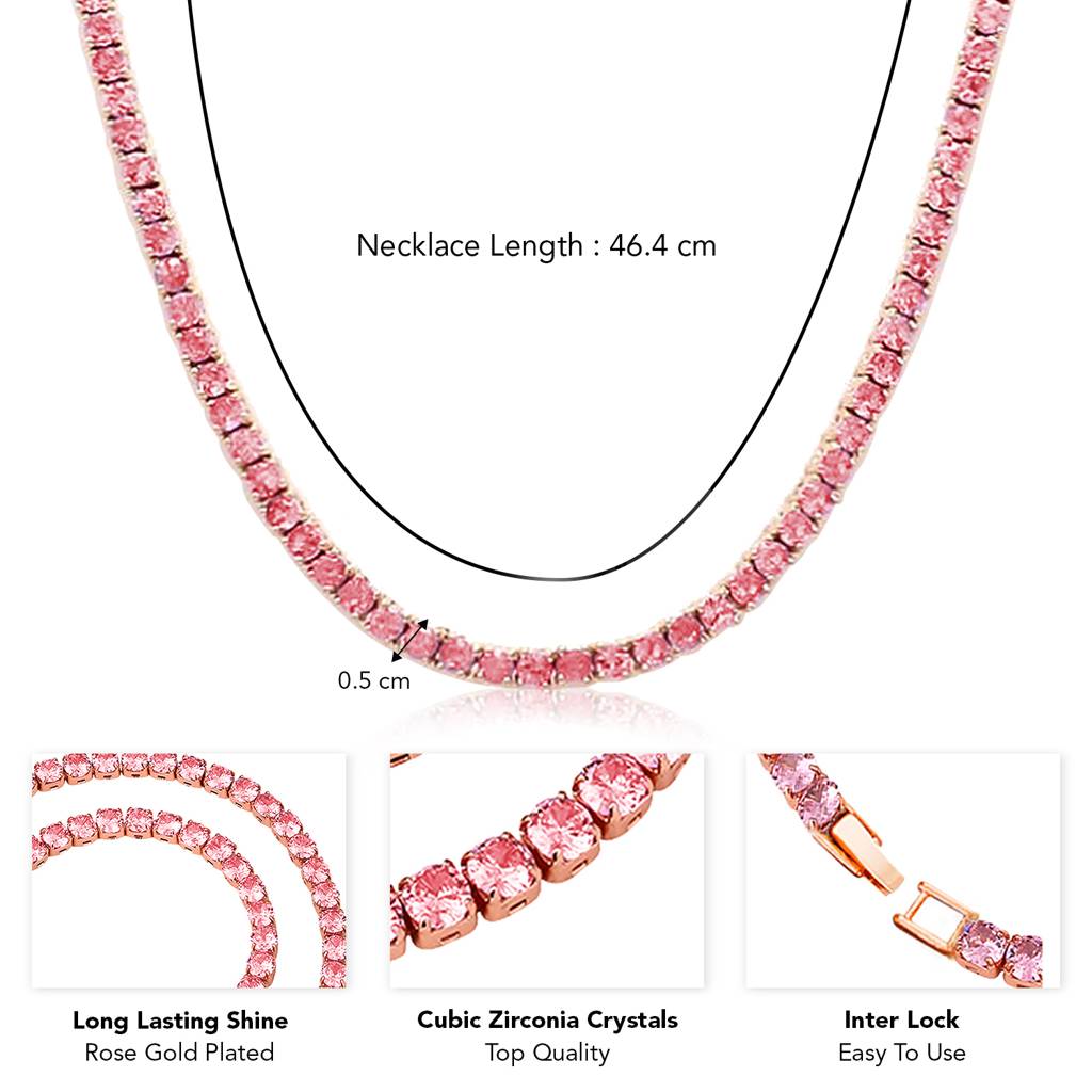 Rose Gold Plated Crystal Studded Stylish Tennis Necklace Chain Fashion Jewellery For Women & Girls : PX9N224C