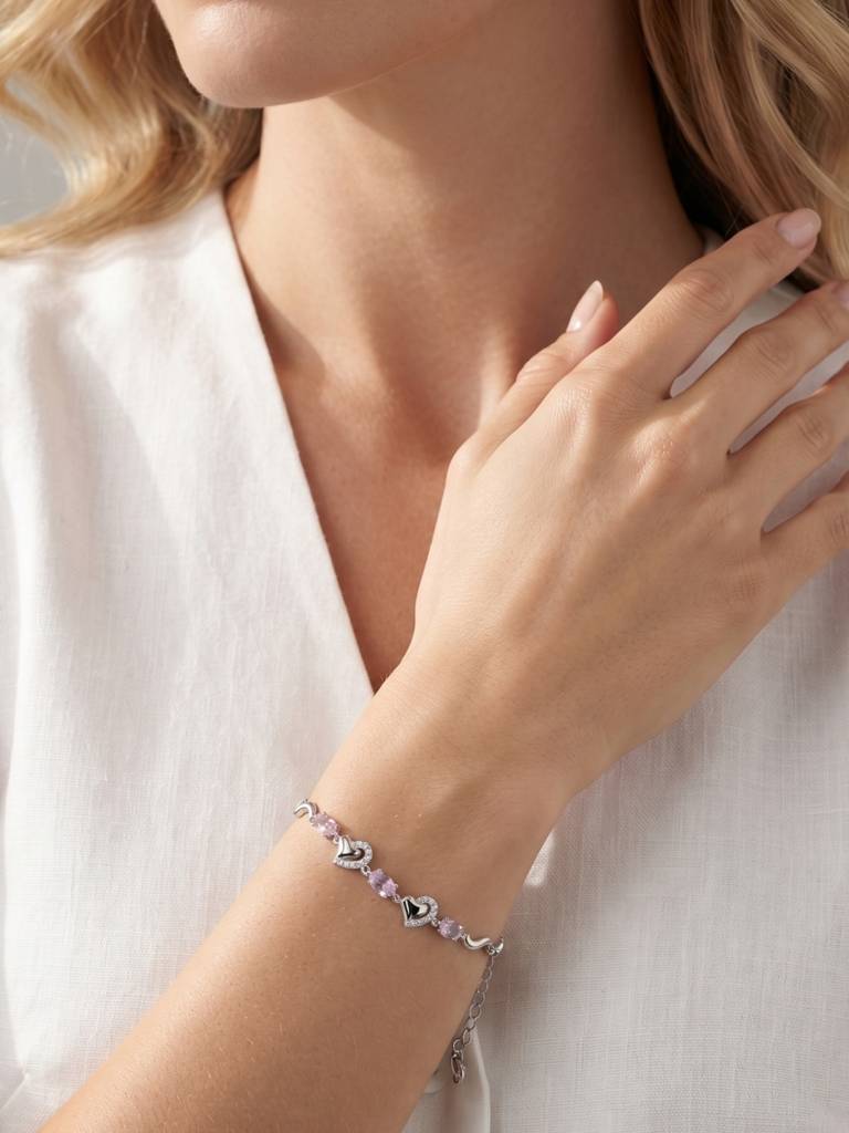 925 Silver Pink Gemstone Open Heart Bracelet For Women : BR-53