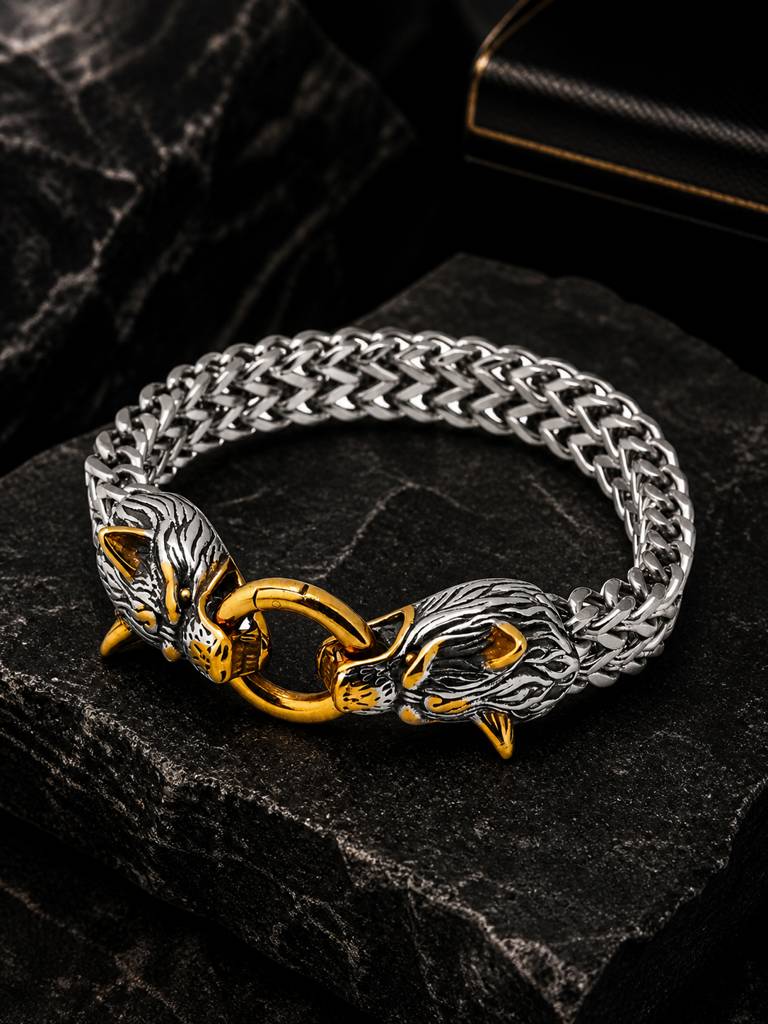 Rhodium-Plated Waterproof Dual-Tone Wolf Head Stainless Steel Bracelet For Men : AN-LJ-SI-0002-DB-M