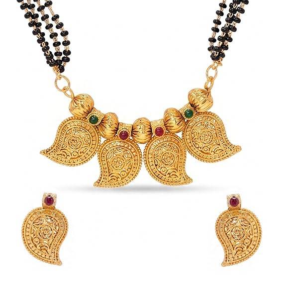 Traditional Gold Plated Mangalsutra Earrings Set For Women | Faux Ruby & Emerald Studded | Festive & Bridal Jewel : PF04MS13RG