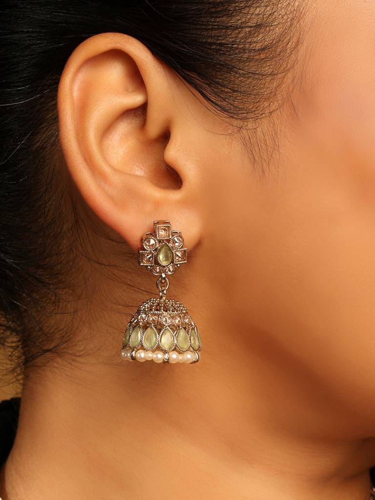 Designer Oval Shape Sky Blue Uncut Kundan Stone Antique Gold Plated Jhumki Earring For Women And Girls : 6JE40_SkyBlue_MD