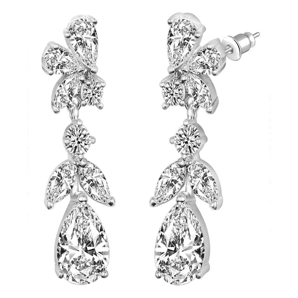 Silver Plated Cubic Zirconia Studded Floral Style Drop Earrings Push Back Fashion Jewellery For Women & Girls : PX8E184