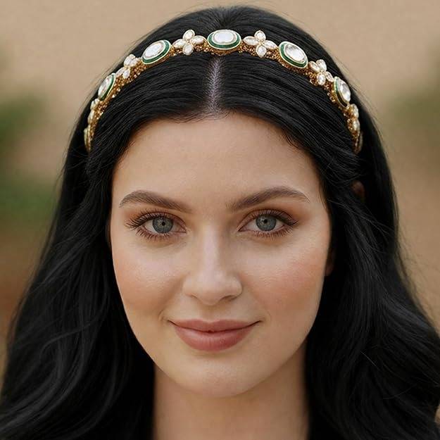 Gold Kundan Green Stone Hairband : OSSP-2252-IGGNHAIRBAND