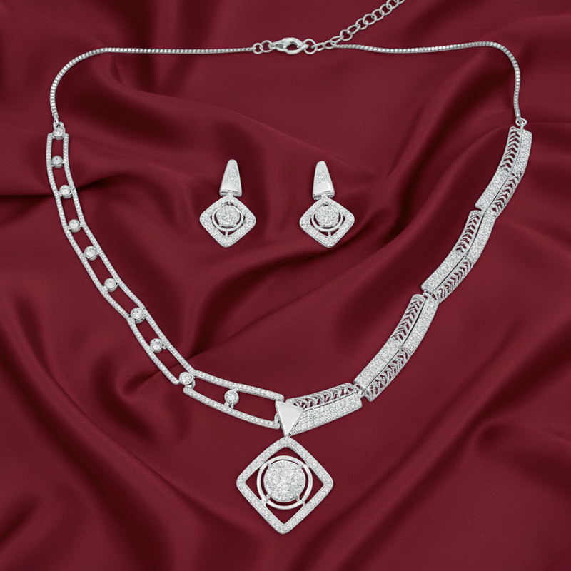 Glam Cz Necklace Set|Square Halo Shape|Celebration Wear : AD-895-IRWENKER