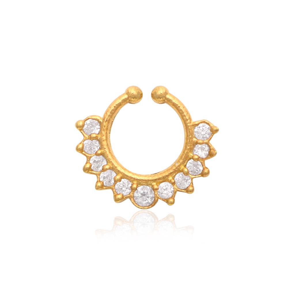 White Cz Crown Fan Septum Nose Pin - Sterling Silver Gold Plated : VNP-0016_925S_YG_WCZ