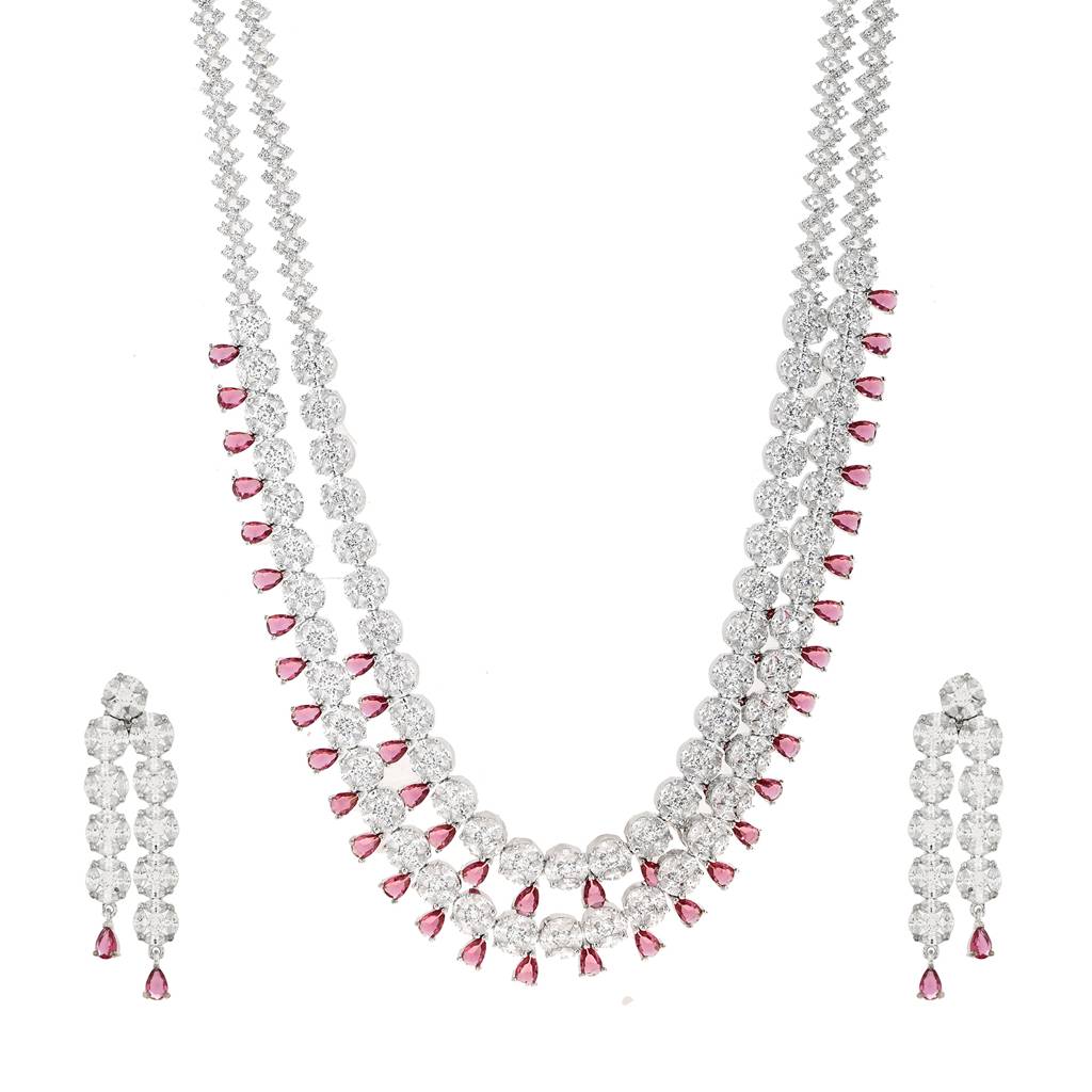 Sparkling Elegance Ruby Glimmer American Diamond Necklace Set : 8905124512960