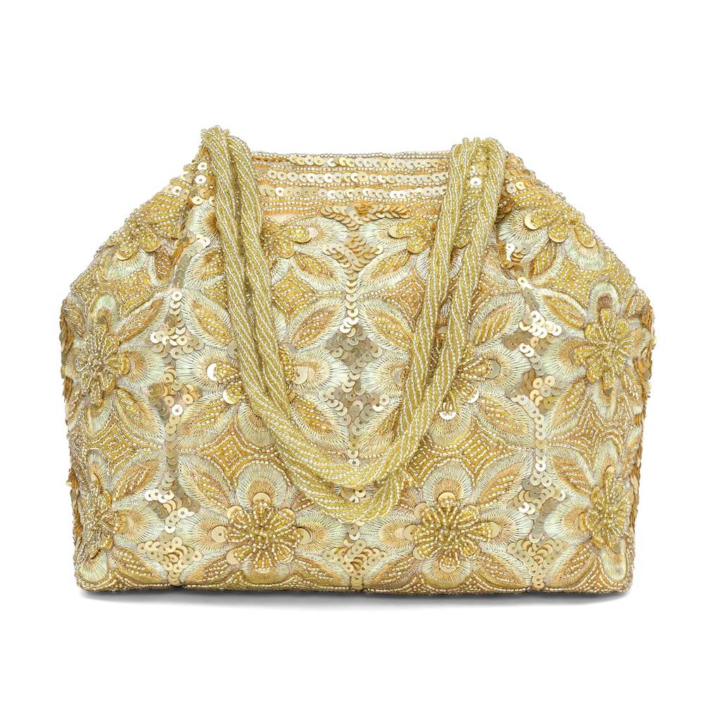 Golden Embroidery Potli Bag Ethnic Wristlet Purse For Women & Girls : P215G