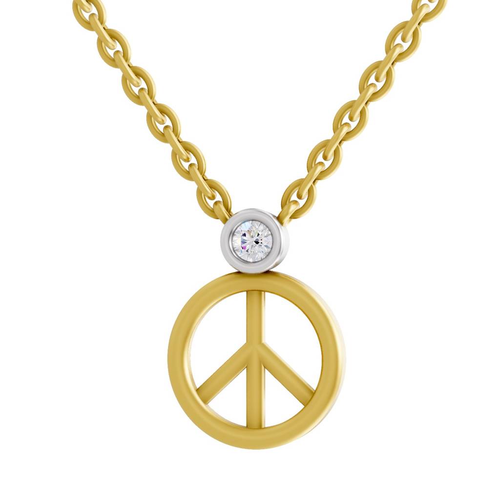 Lab Grown Diamond 0.07Ct Round 925 Sterling Silver Gold Plated Peace Necklace : SQN19738-NK-925S-007CT