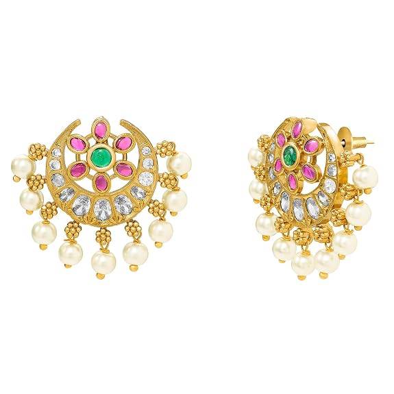 Ethnic Stud Earrings For Women & Girls Gold Plated Faux Emerald Ruby & Crystals Studded Festive Bridal Jewellery B : PF76E04RG