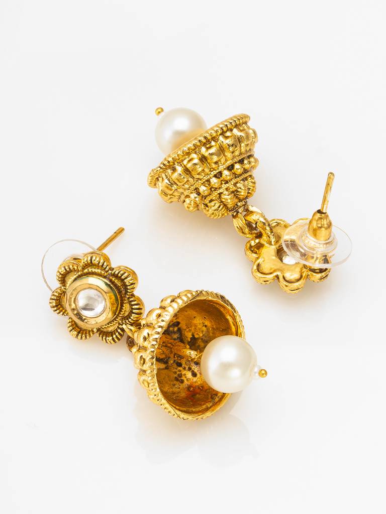 Antique Gold Kundan Pendant Long Necklace With Seed Pearls And Jhumka Earrings : NK4246
