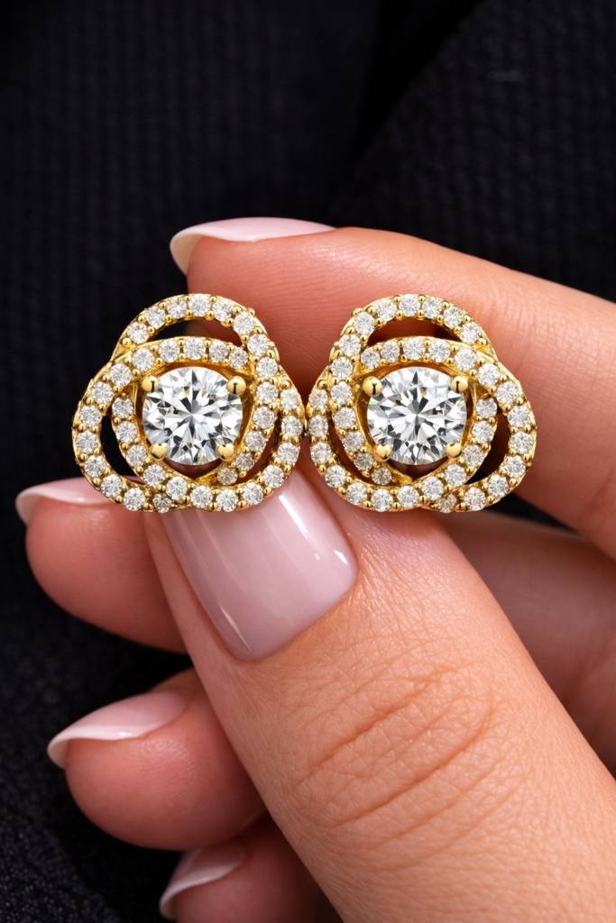 Ultra Premium Diamond Cluster Intertwined Stud Earrings For Women With Premium Screw Backs - 18K Gold Finish : TE2110_2