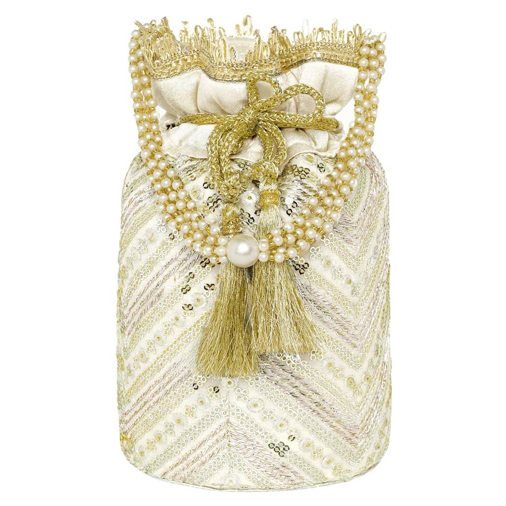 Cream Embellished Potli Bag Ethnic Wristlet Purse For Women & Girls : P190CRM-S