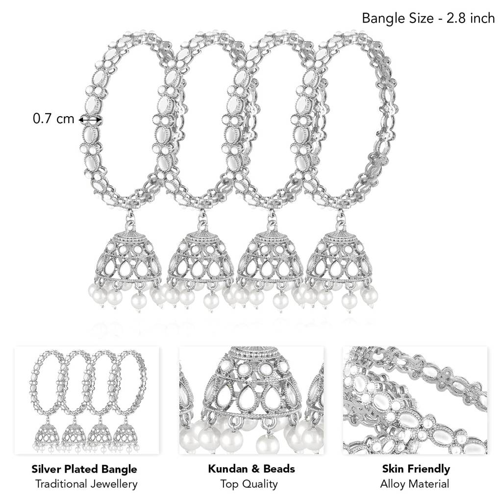 Silver Plated Kundan & Beads Studded Ethnic Latkan Bangles Ethnic Jewellery For Women (Size - 2.8 Inch, Set  : PF106B01SW-S4-8