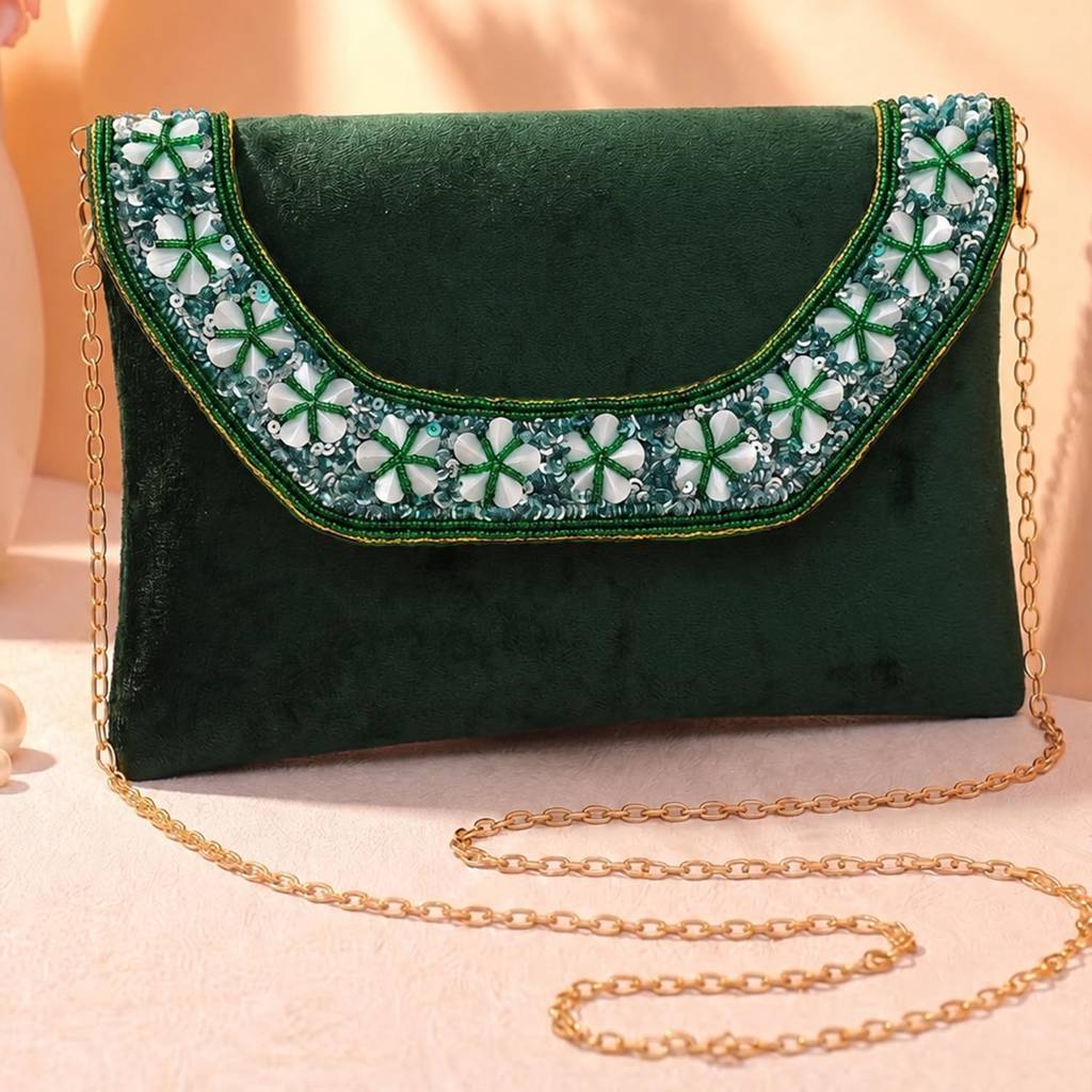 Velvet Sequin Beaded Clutch Bag For Women | Chain Strap | Embellished Wedding Festive Evening Purse : C190DG