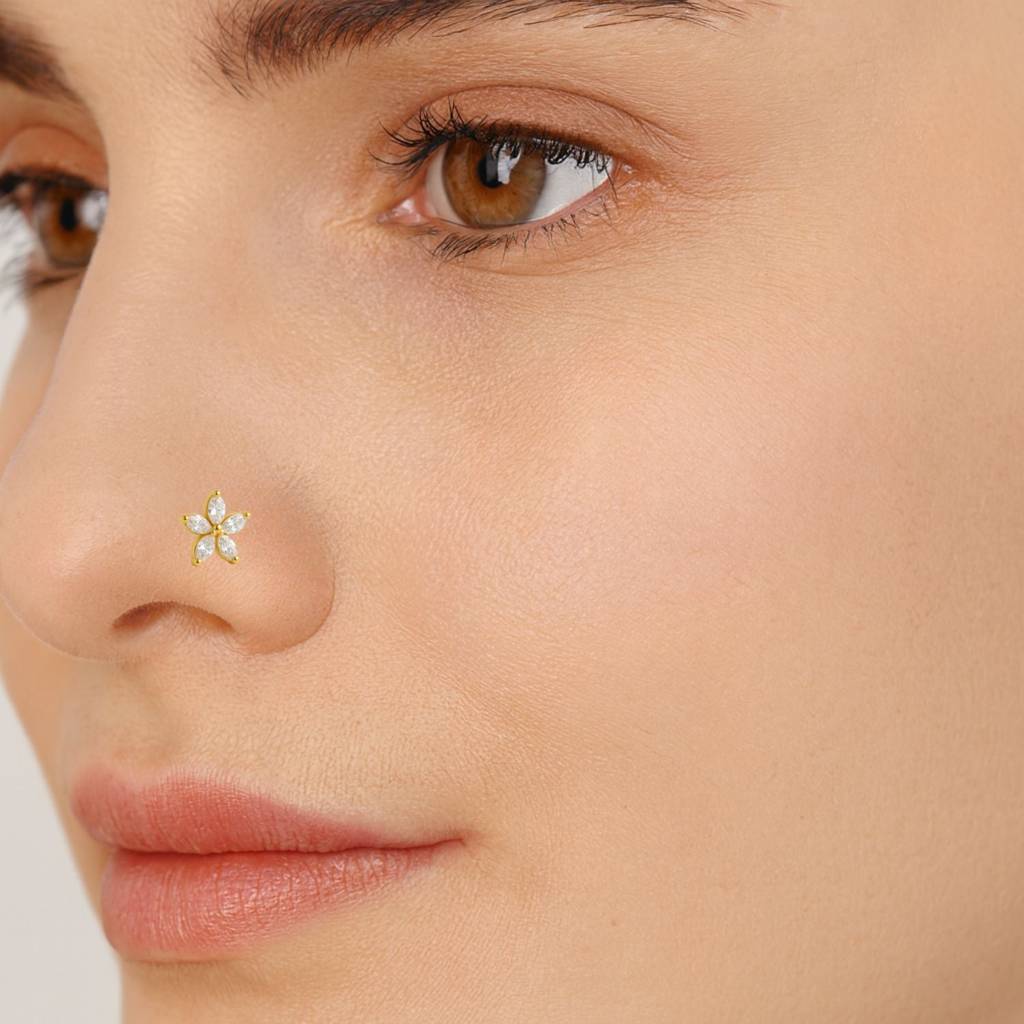 White Cz Marquise Five-Petal Nose Floral Pin 925 Sterling Silver Gold-Plated : NP-0019-N-1-snp-0037