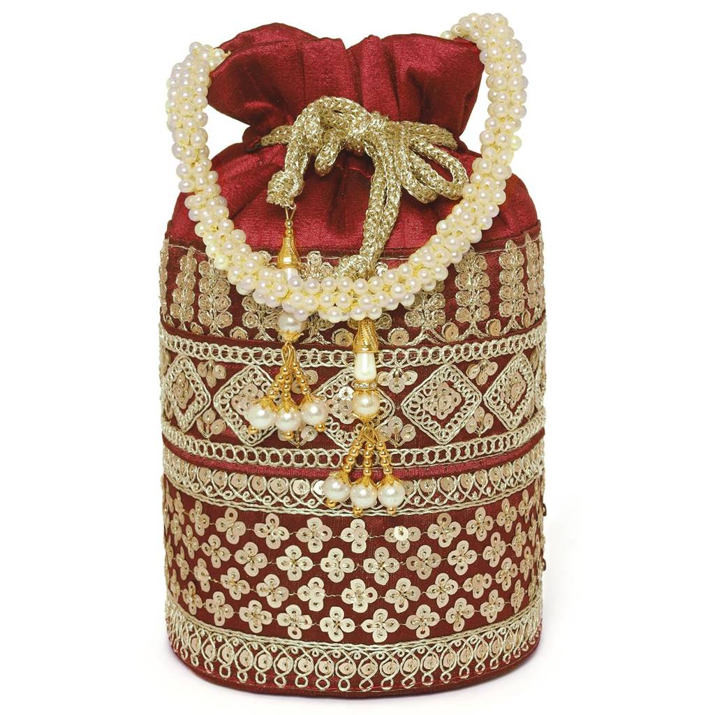 Zari Leaf Embellished Potli Bag For Women Fancy Ethnic Wristlet Purse Bag For Girls : P198M-F