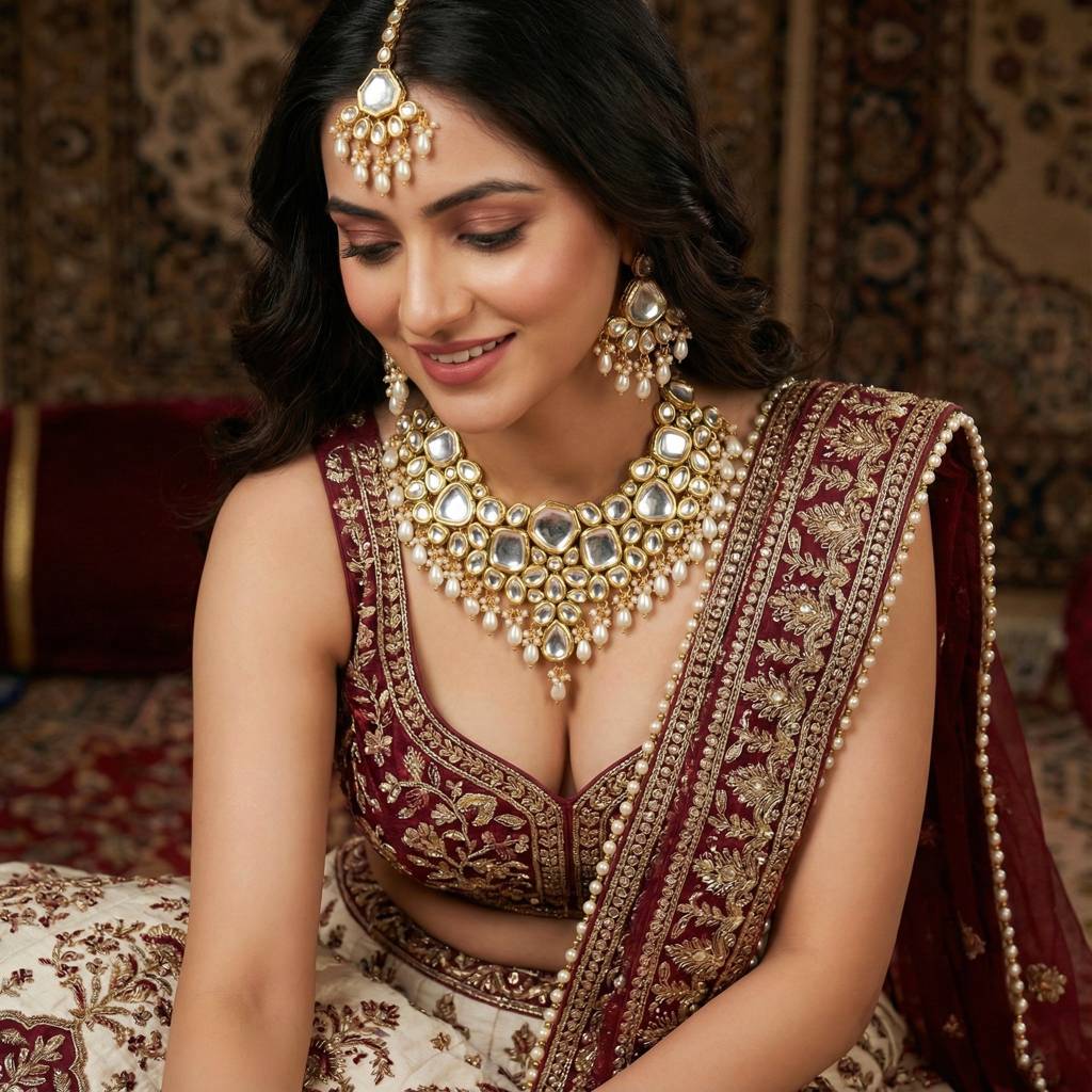 18 Kt Gold Plated Bridal & Semi-Bridal Necklace Set With Earrings & Maang Tikka : 3947-J5SK-1574-W