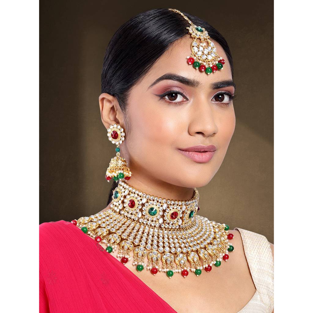 Peora Red & Green Gold Plated Kundan Embellished Handcrafted Jewellery Set For Women Girls : PF26N1295MG