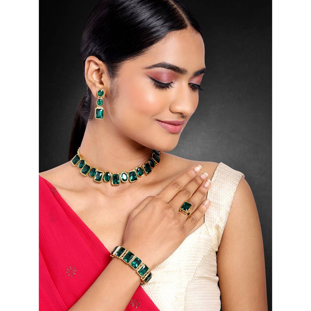 Peora Gold Plated Square Crystal Necklace With Drop Earrings Bracelet Finger Ring Indian Traditional Ethnic Jewelle : PF24N18G