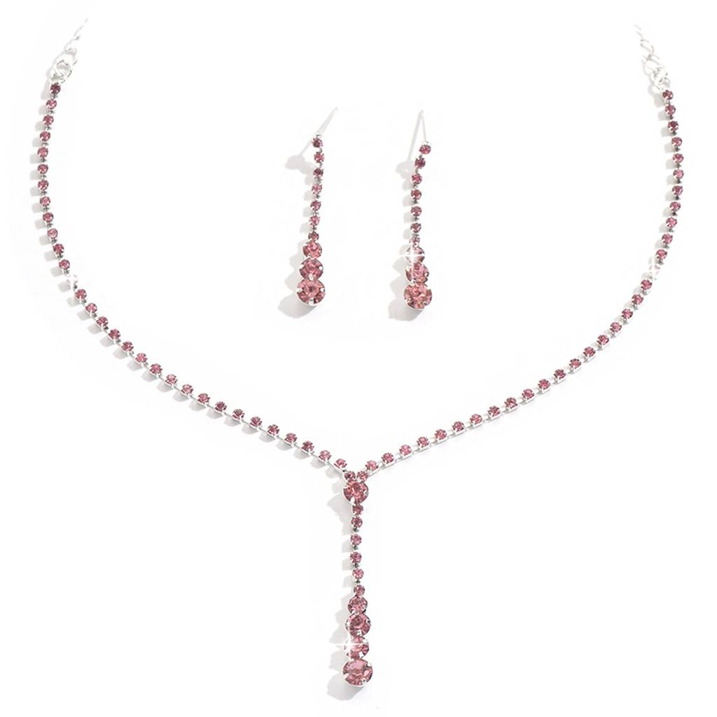 Silver Plated Pink Crystal Studded Necklace And Drop Earring Stylish Jewellery Set For Women & Girls : PX9N90
