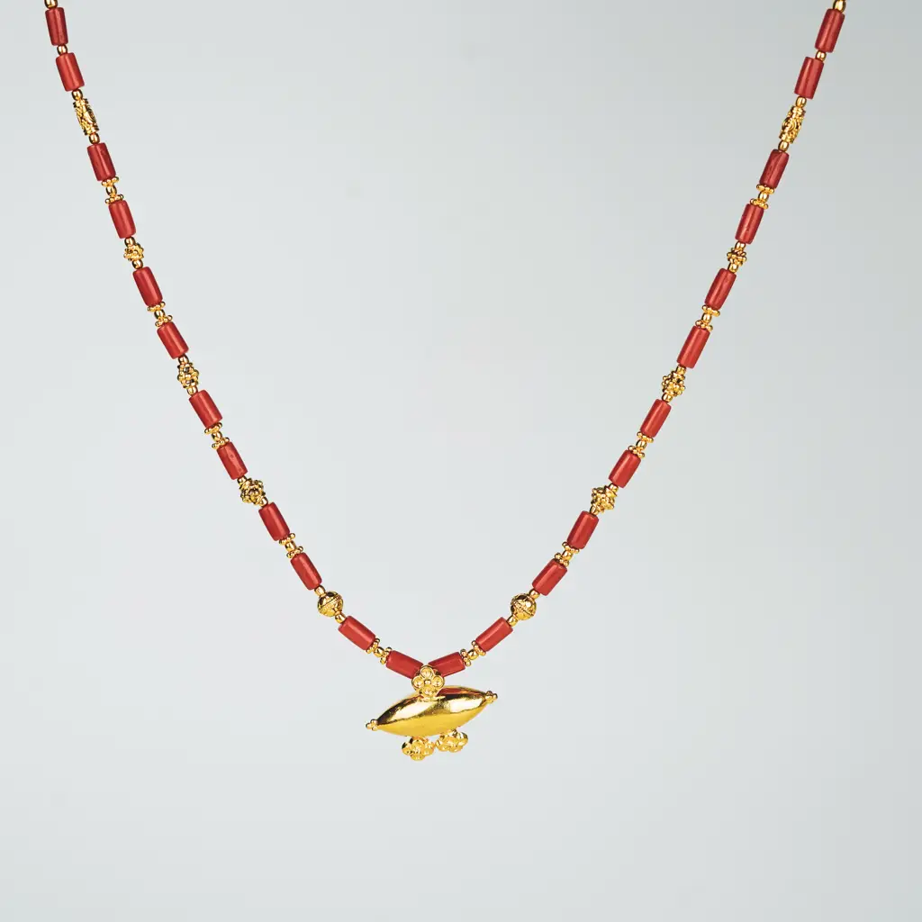 Tribal Necklace With Corals And Carved Beads | 92.5 Silver | 22K Gold Plated : 7027607