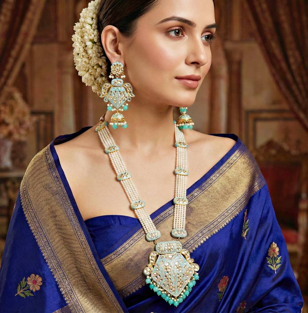 Traditional Turquoise Long Necklace Set For Women |Gold Plated Meenakari Bridal Jewellery Set With Earrings : 2970-J5SK-2300-F