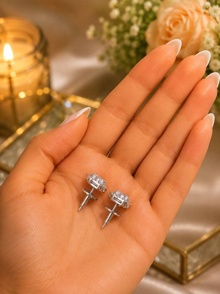 Trillion Cut American Diamond Peach Morganite Solitaire Stud Earrings For Women | Anti Tarnish Halo Cz Stud Earrings : 100047