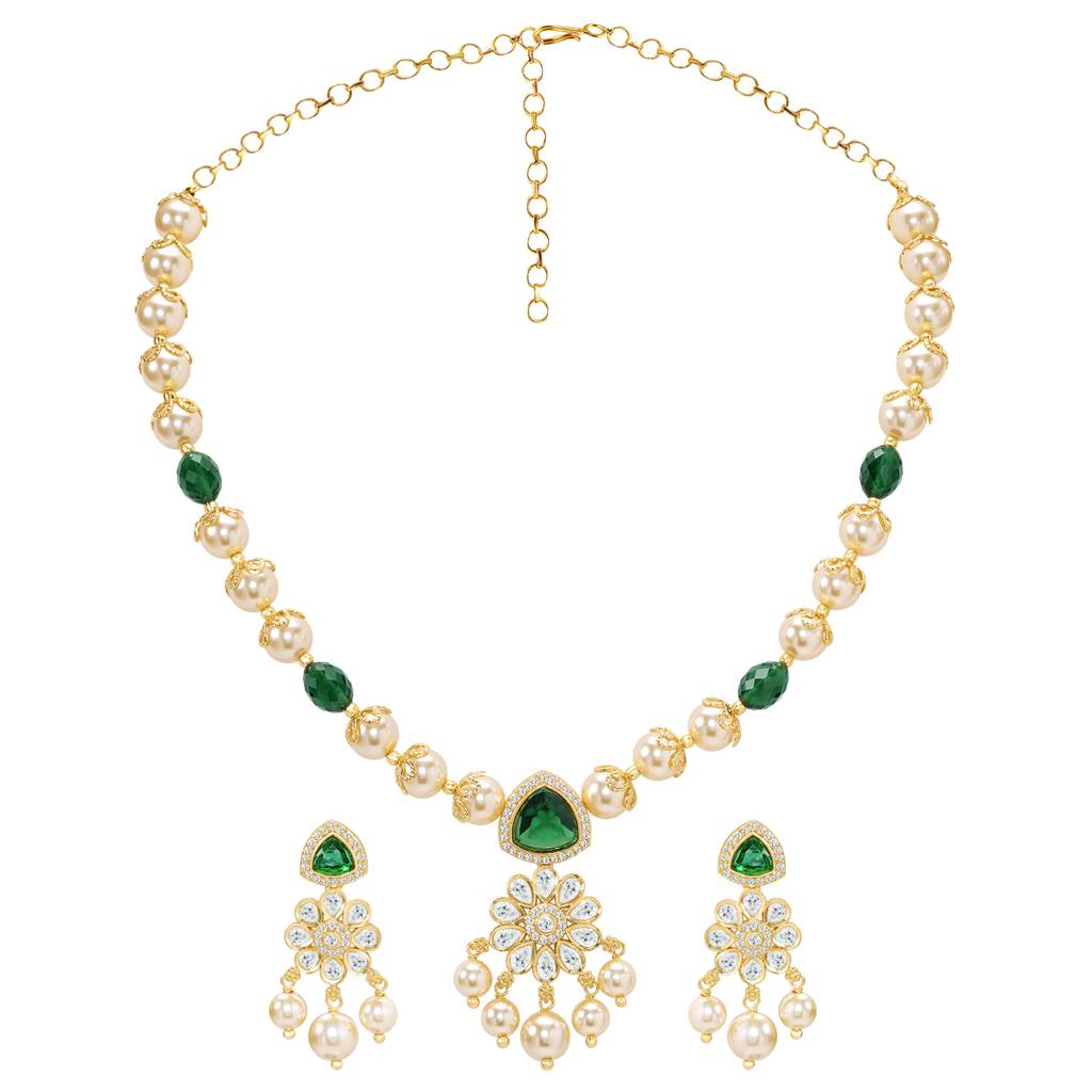 Ethnic Green Beads Necklace Earrings Set For Women & Girls Gold Plated Faux Emerald Pearl & Crystals Traditional F : PF10PS07G