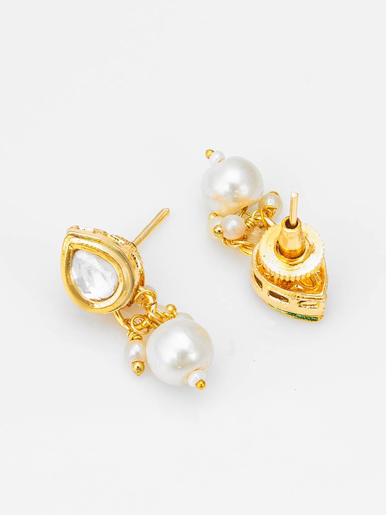 Teardrop Kundan Single-Strand Necklace Set With Pearl Drop Earrings : NK4404