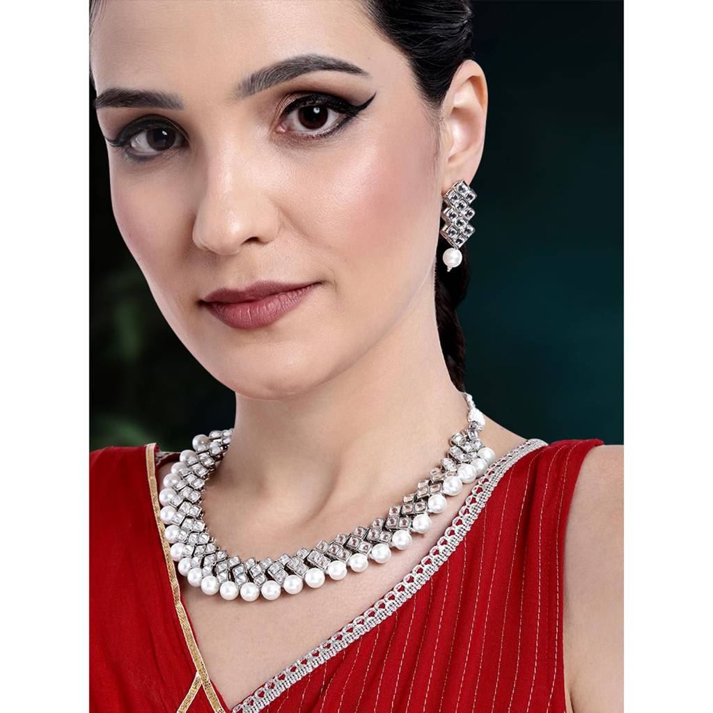 Silver Plated Indian Ethnic Kundan Pearl Fancy Bridal Traditional Choker Necklace Jewellery Set With Earrings Fo : PF25N1018RW
