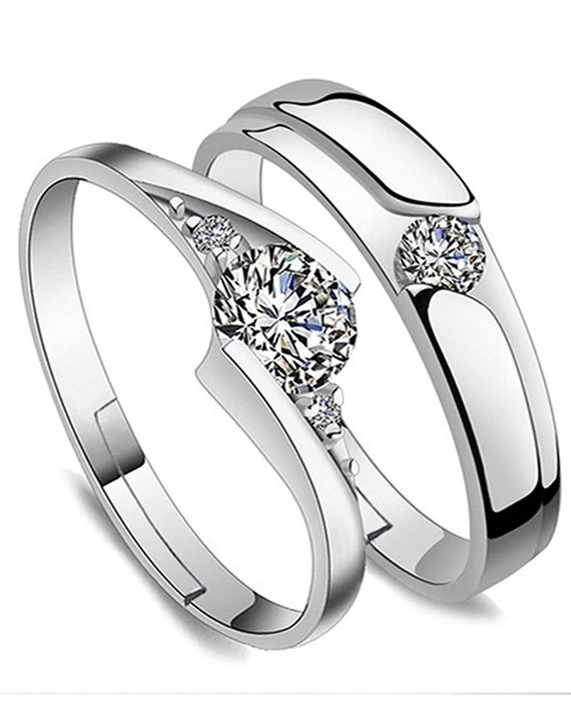 Silver Plated Classic Solitaire Couple Rings For Lovers Promise Engagement Wedding Band Valentine Jewellery Gift Set : PFCCR22