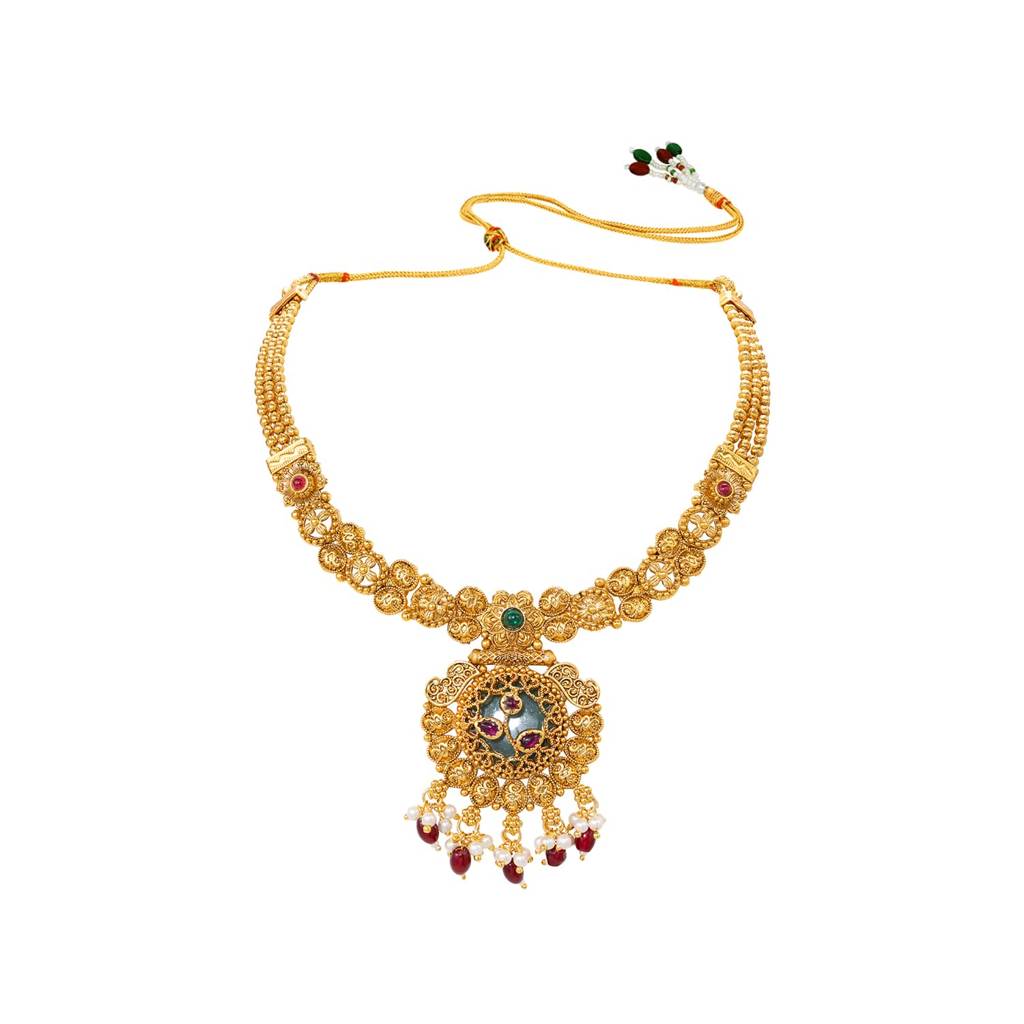 Traditional Gold Plated Necklace Bridal Jewellery Set For Women | Faux Ruby Emerald & Beads, Adjustable Drawstri : PF04BR14RPG