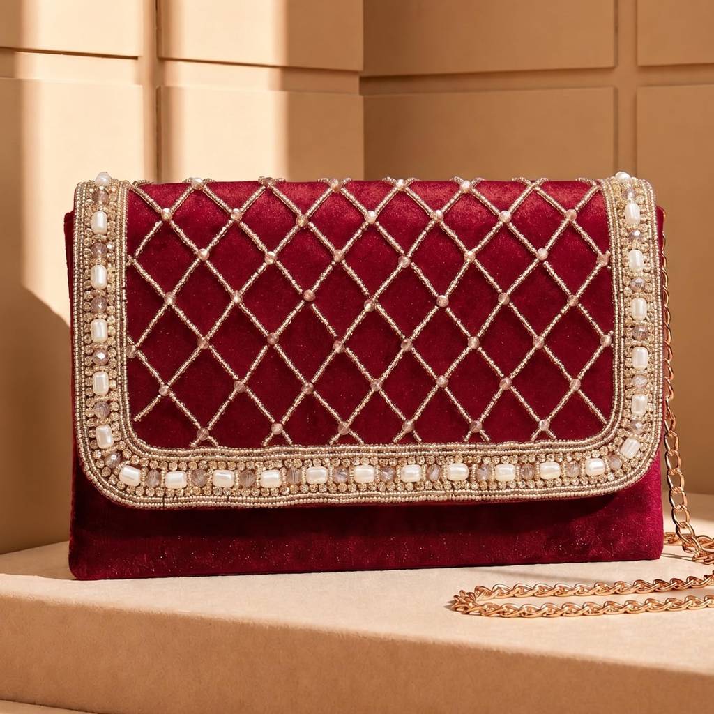 Quilted Pearl Embellished Clutch Bag For Women | Gold Beaded Strap | Wedding Festive Evening Purse : C189M
