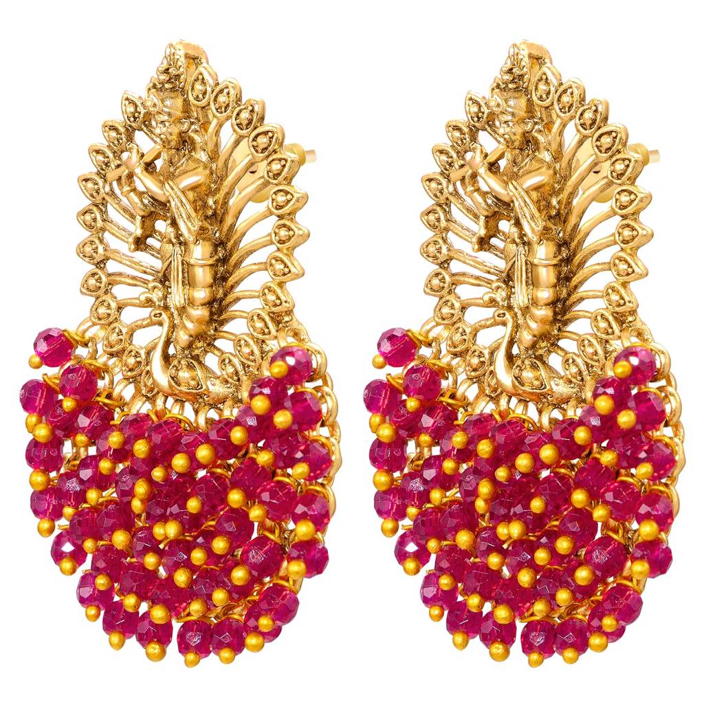 Sri Krishna Motif Rani Pink Dangle Earrings For Womens : PF47E10RP