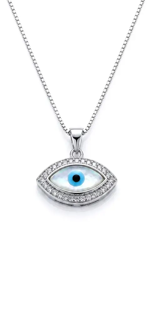 925 Sterling Silver Rhodium Plated Marquise-Shape Evil Eye Pendant With Sleek Box Chain : PD-70059-R
