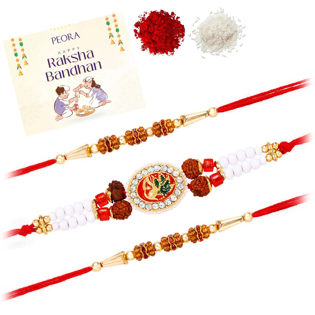 Rakhshabandhan Thread Rakhi For Brother Bhaiya Rudraksha Crystal & Beads Studded Red White Pack Of 3 Rakhi Hamper  : R07C09-S3