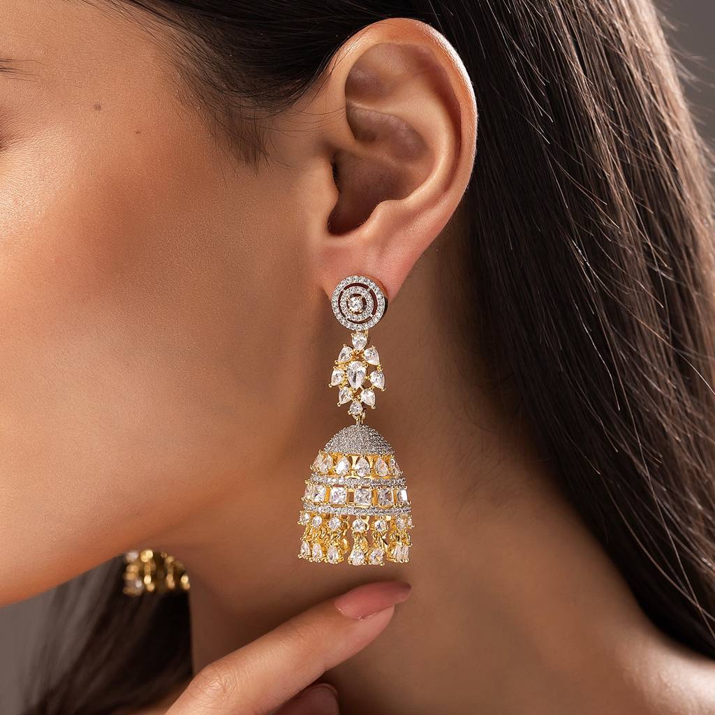 Sparkling Elegance Royal Noor Mahal American Diamond Jhumki Earrings : 8905124542271