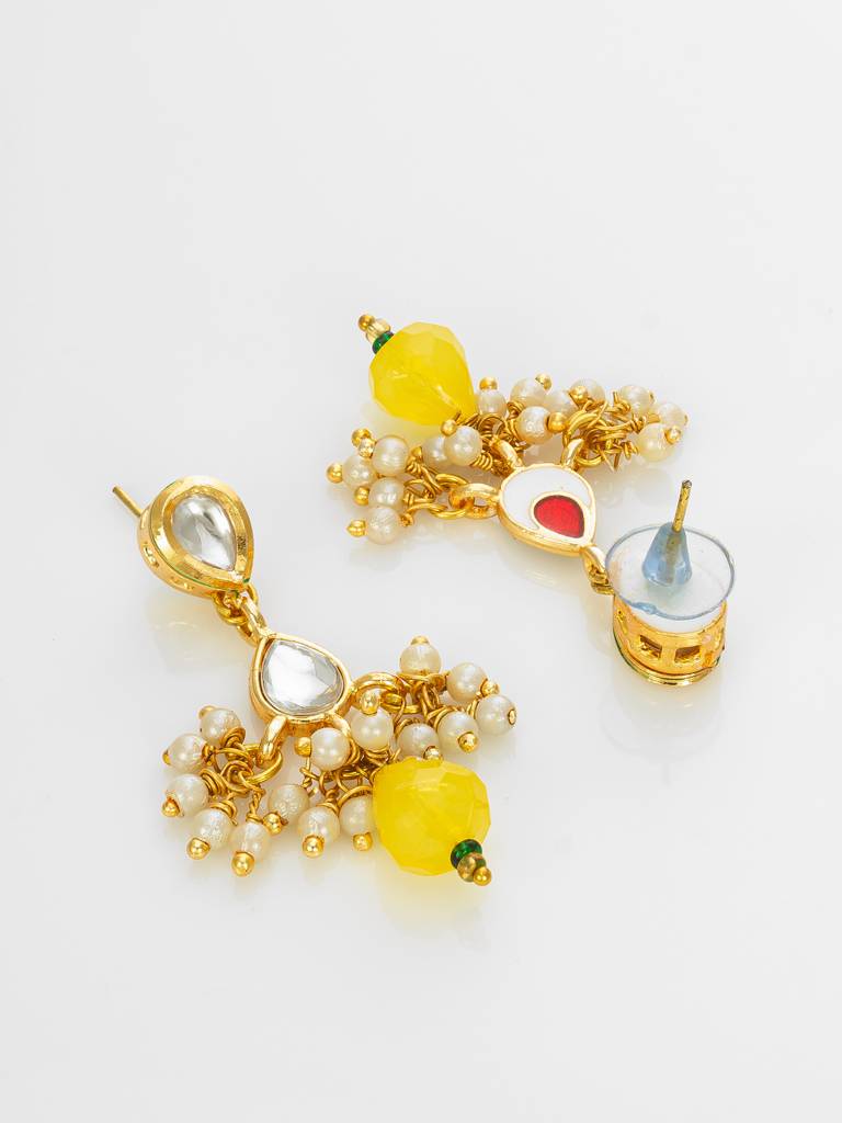 Gold Plated Pearl Beaded Yellow Stone Designer Traditional Necklace Set For Women : NK4710