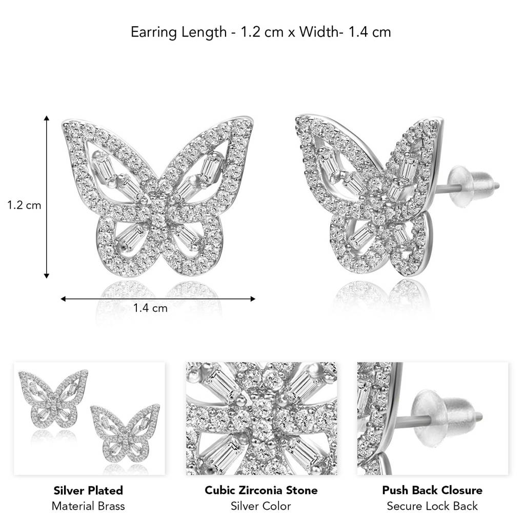 Butterfly Style Cz & Baguette Stone Stud Earrings Jewellery Gift For Women : PF68E337S