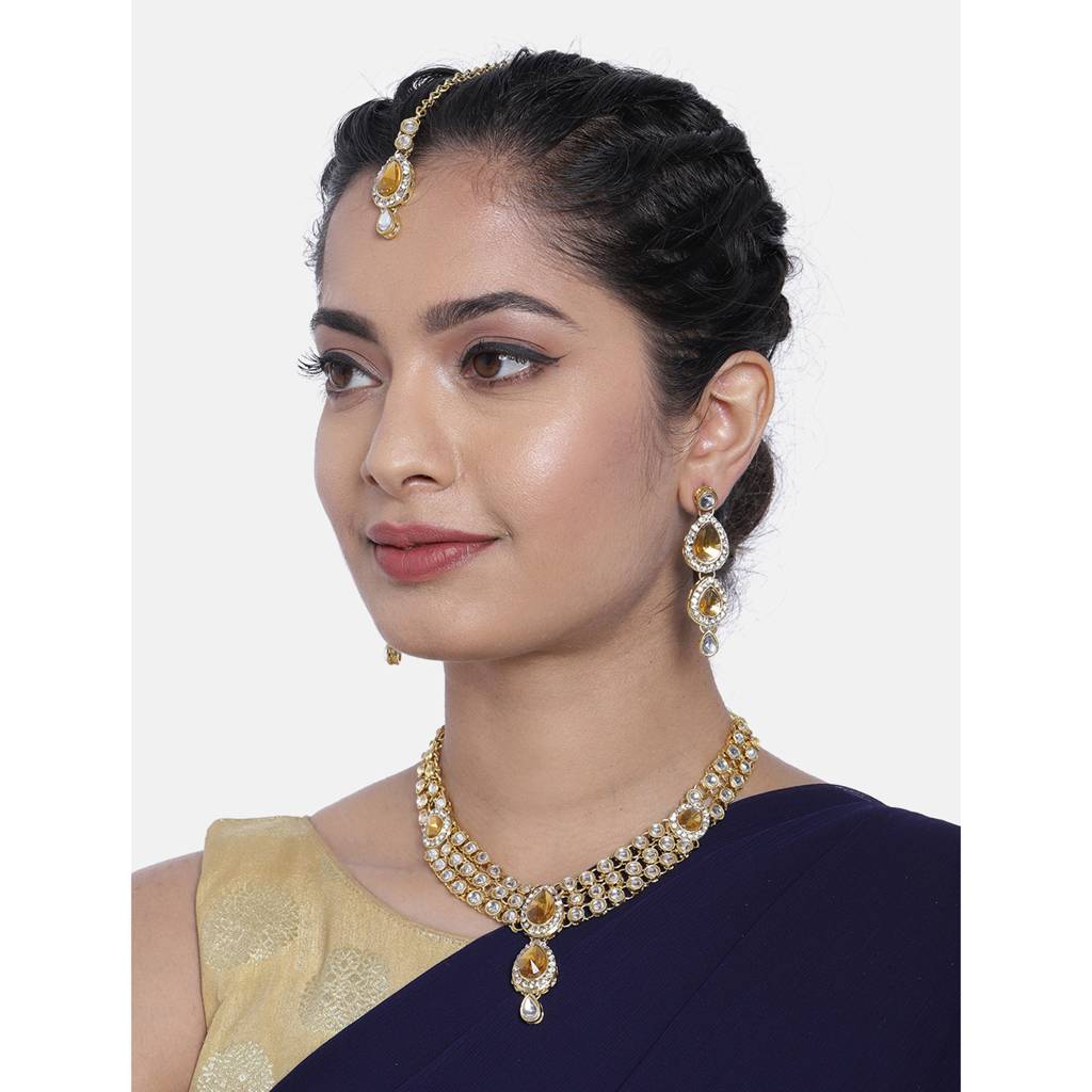 Peora Gold Plated Traditional Kundan Studded Long Necklace Jewellery Set With Earring Maang Tikka For Women Girls : PF25N009LCT