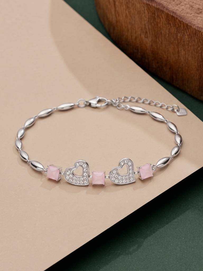 925 Silver Pink Crystal Double Heart Bracelet For Women : BR-52