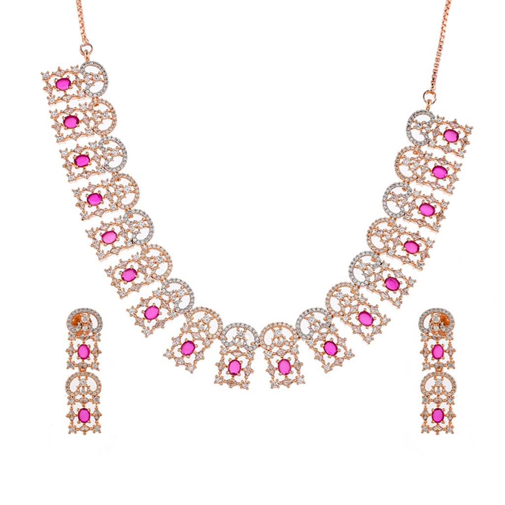 Cz Elegance Rose Plated Ruby Red Necklace Set : 8905124477726