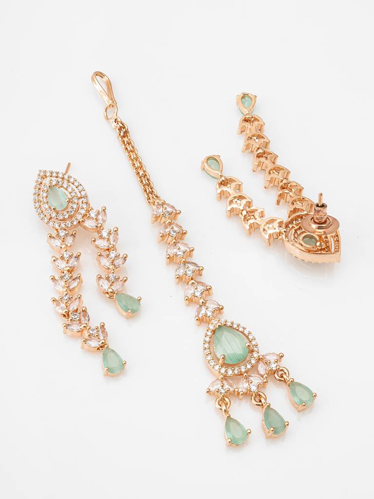 Rose Gold-Plated Ad Multi-Strand Necklace Set With Earrings And Maang Tikka In Mint Green And White Stones : NK4207