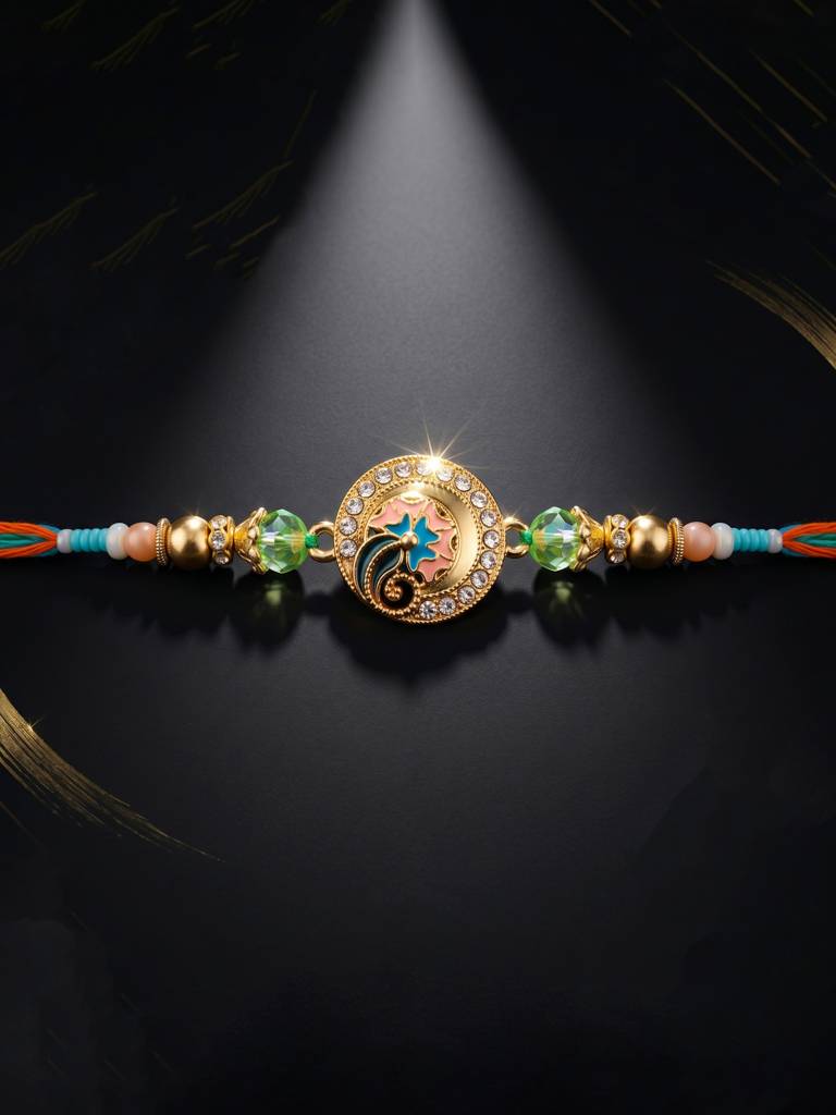Lucky Jewellery Set Of 2 Rakhi With Peacock & Floral Pendants, Blue & Green Beads, Roli Chawal & Card (173-S : 173-S7R1-2317-2